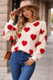 Heart Print Fleece Sweater Women Crew Neck Relaxed Fit