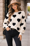 Heart Print Fleece Sweater Women Crew Neck Relaxed Fit