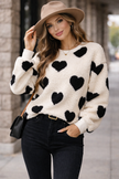 Heart Print Fleece Sweater Women Crew Neck Relaxed Fit
