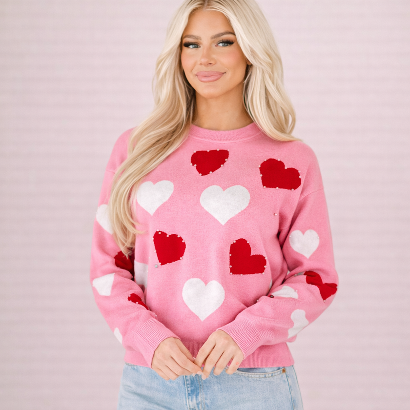 Heart Print Knit Sweater Women Crew Neck Long Sleeve