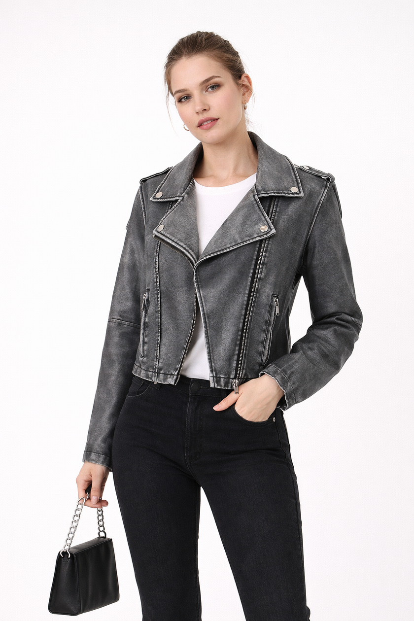 Faux Leather Biker Jacket Women Short Straight Fit