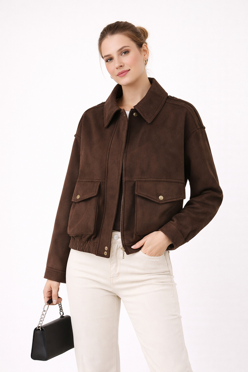 Suede Jacket Women Relaxed Fit Front Pockets Vintage