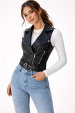 Faux Leather Gilet Women Belted Sleeveless Biker