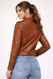 Faux Leather Biker Jacket Women Fitted Belted Lapel