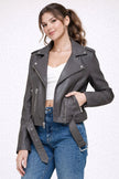 Faux Leather Biker Jacket Women Fitted Belted Lapel