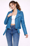 Faux Leather Biker Jacket Women Fitted Belted Lapel