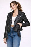 Faux Leather Biker Jacket Women Fitted Belted Lapel