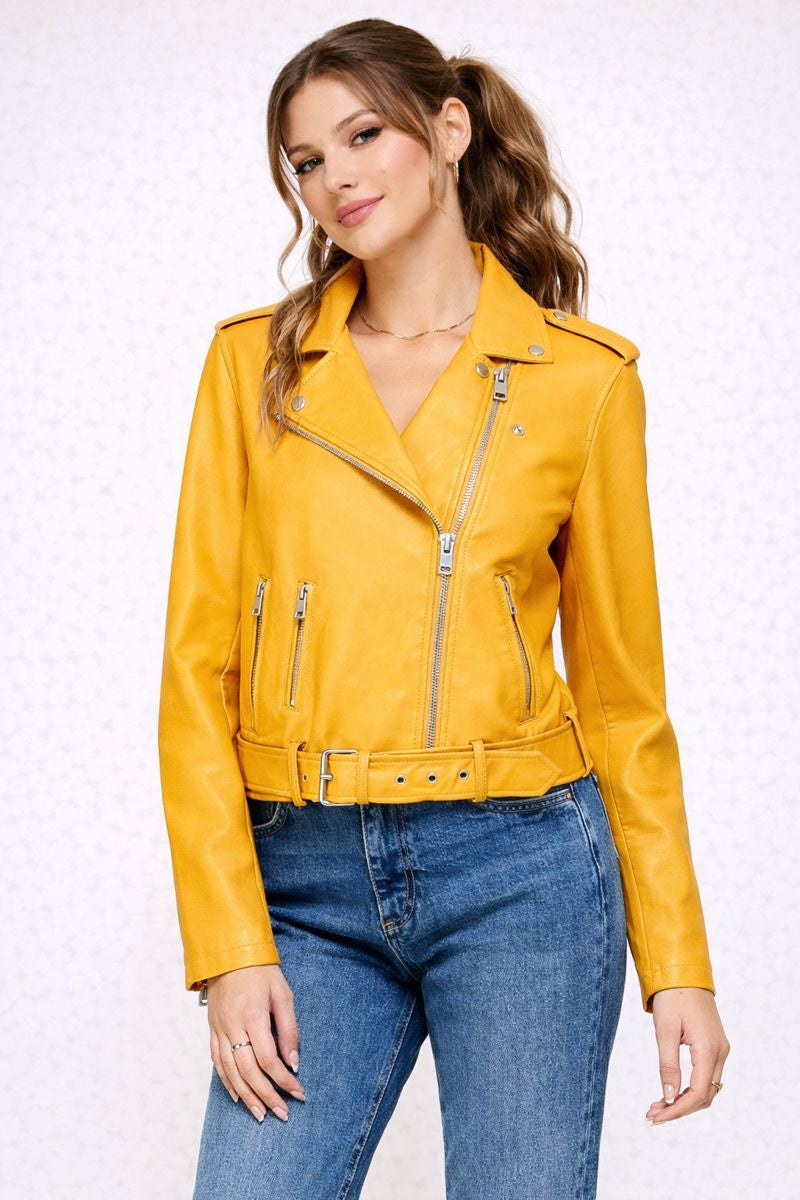Faux Leather Biker Jacket Women Fitted Belted Lapel