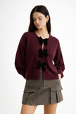 Knit Sweater Women Cropped Round Neck Bow Detail