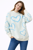 Heart Print Knit Sweater Women Crew Neck Oversized