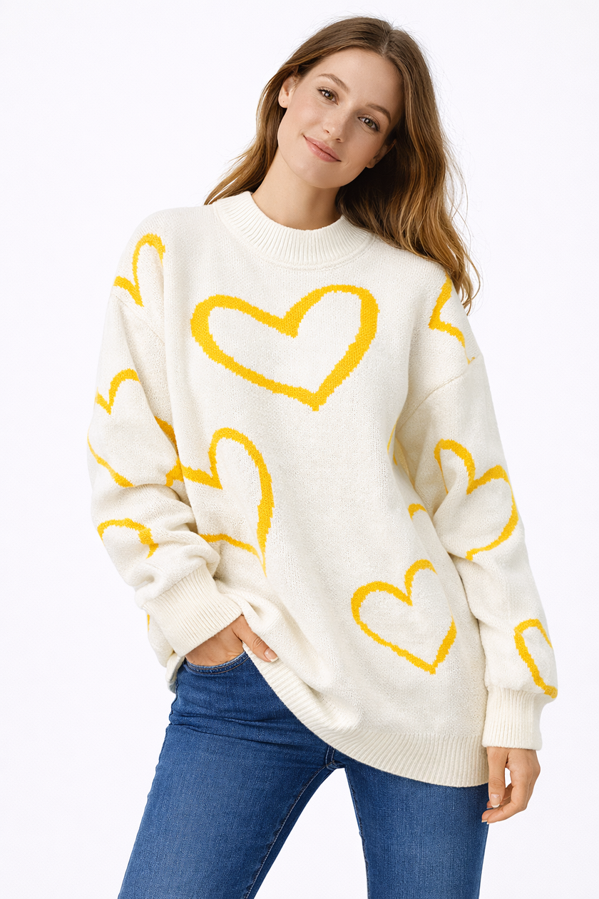 Heart Print Knit Sweater Women Crew Neck Oversized
