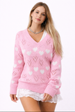 V-Neck Heart Knit Sweater Women Lightweight