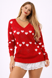 V-Neck Heart Knit Sweater Women Lightweight