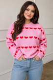 Heart Print Knit Sweater Women Crew Neck Long Sleeve