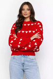 Heart Print Knit Sweater Women Crew Neck Long Sleeve
