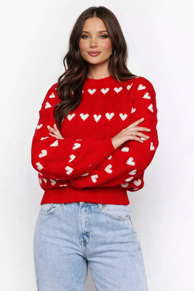 Nicole | Women's Crew Neck Heart Print Sweater Pullover with Knit Striped Long-Sleeve for Casual