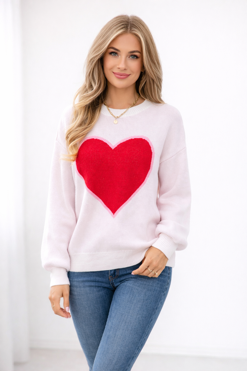 Heart Print Knit Sweater Women Crew Neck Long Sleeve Casual