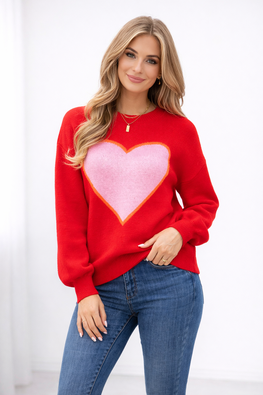 Heart Print Knit Sweater Women Crew Neck Long Sleeve Casual