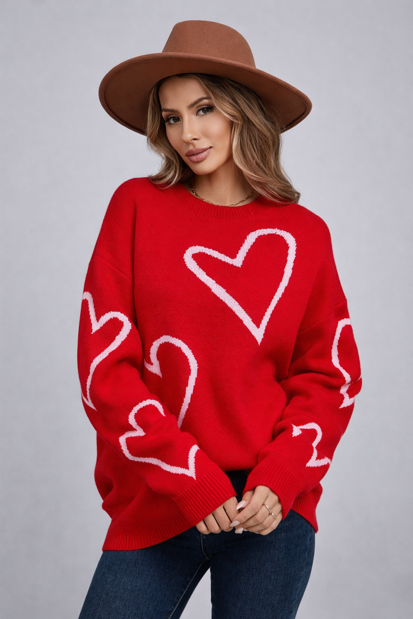 Heart Knit Sweater Women Crew Neck Relaxed Fit