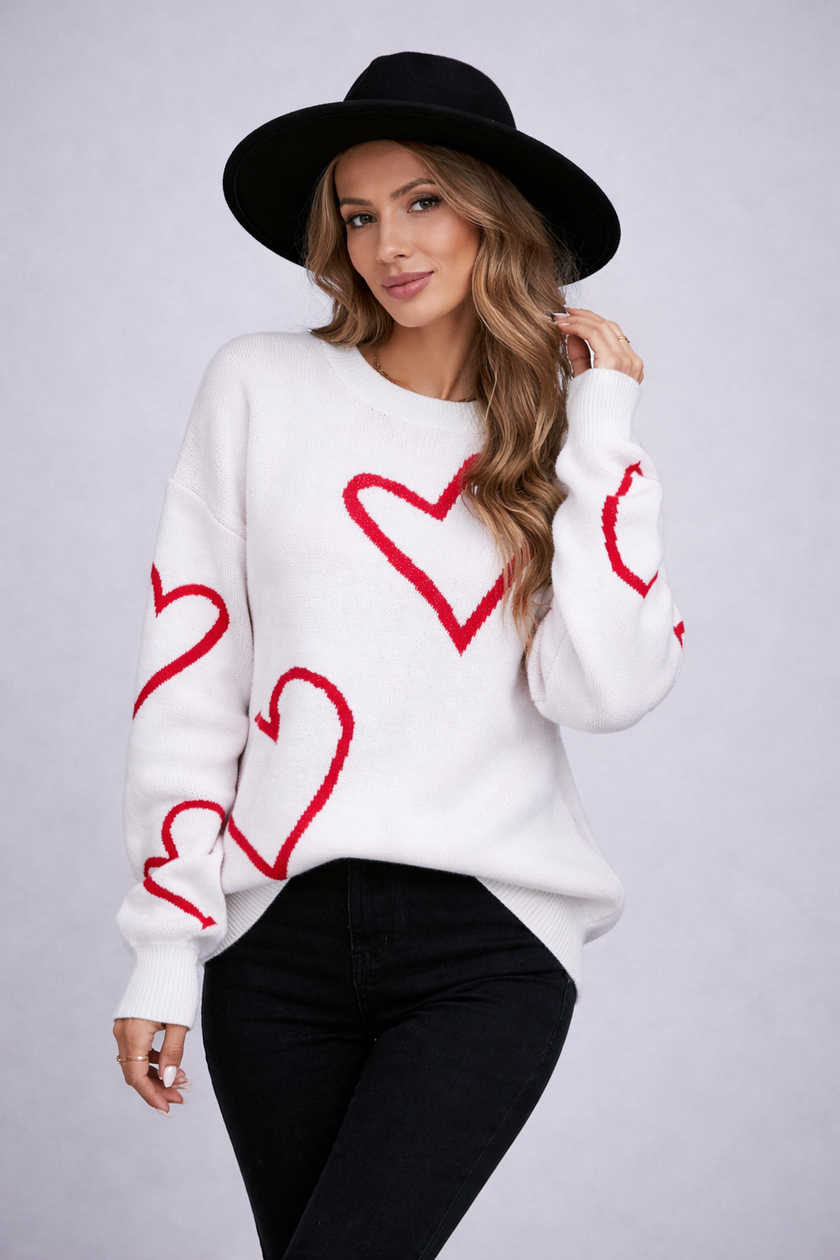 Heart Knit Sweater Women Crew Neck Relaxed Fit