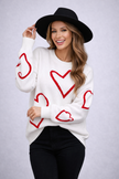 Heart Knit Sweater Women Crew Neck Relaxed Fit