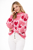 Heart Argyle Knit Sweater Women Crew Neck Relaxed Fit