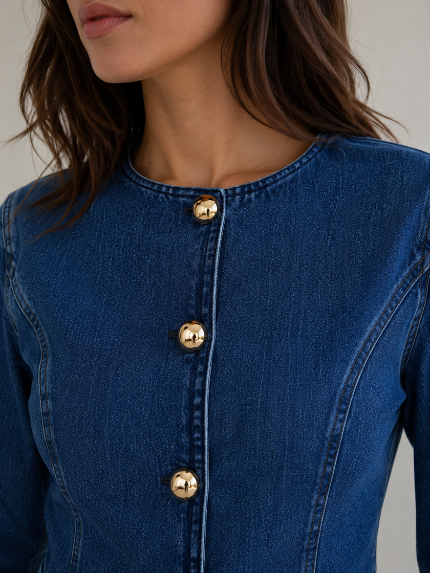 Denim Jacket Women Fitted Button Front Round Neck Cropped