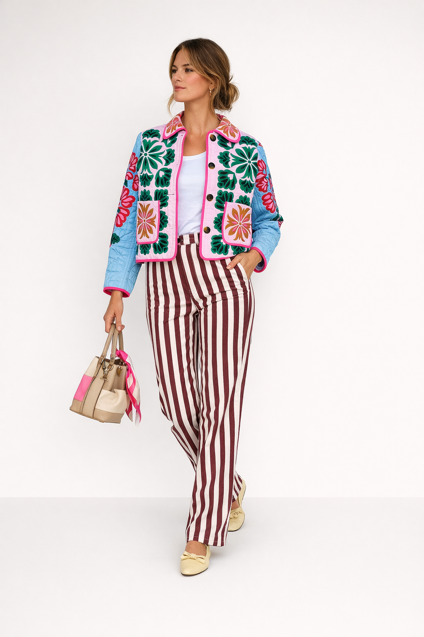 Quilted Print Jacket Women Button Front Straight Fit