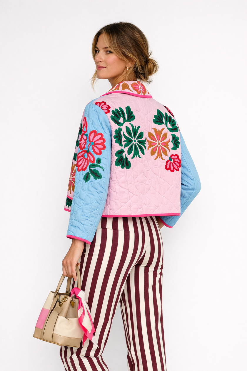 Quilted Print Jacket Women Button Front Straight Fit