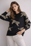 Graphic Knit Sweater Women Mock Neck Relaxed Fit