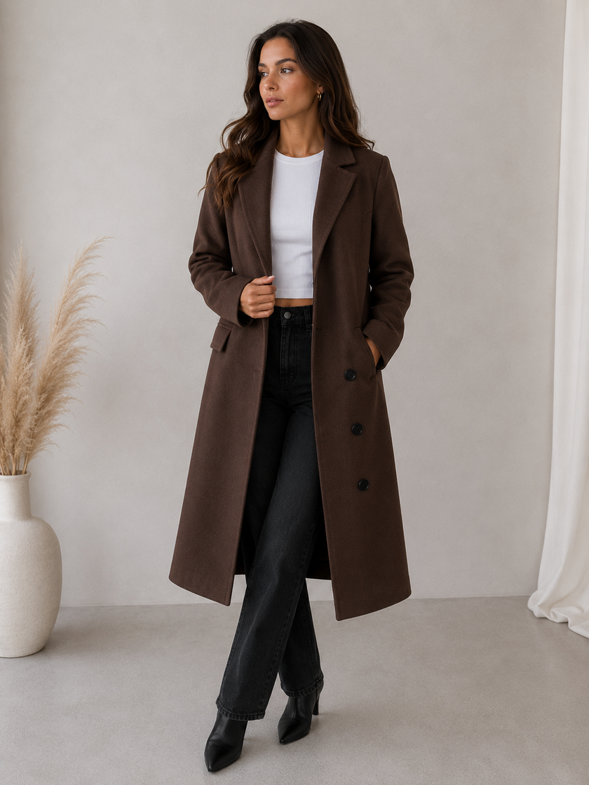 Long Coat Women Tailored Lapel Collar Button Front Winter