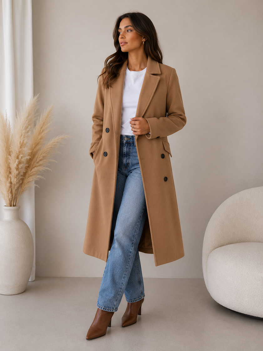 Long Coat Women Tailored Lapel Collar Button Front Winter