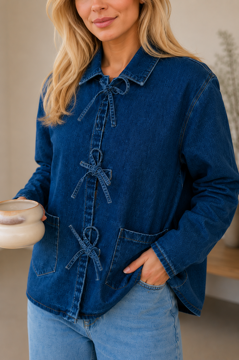 Denim Jacket Women Relaxed Fit with Front Tie Detail