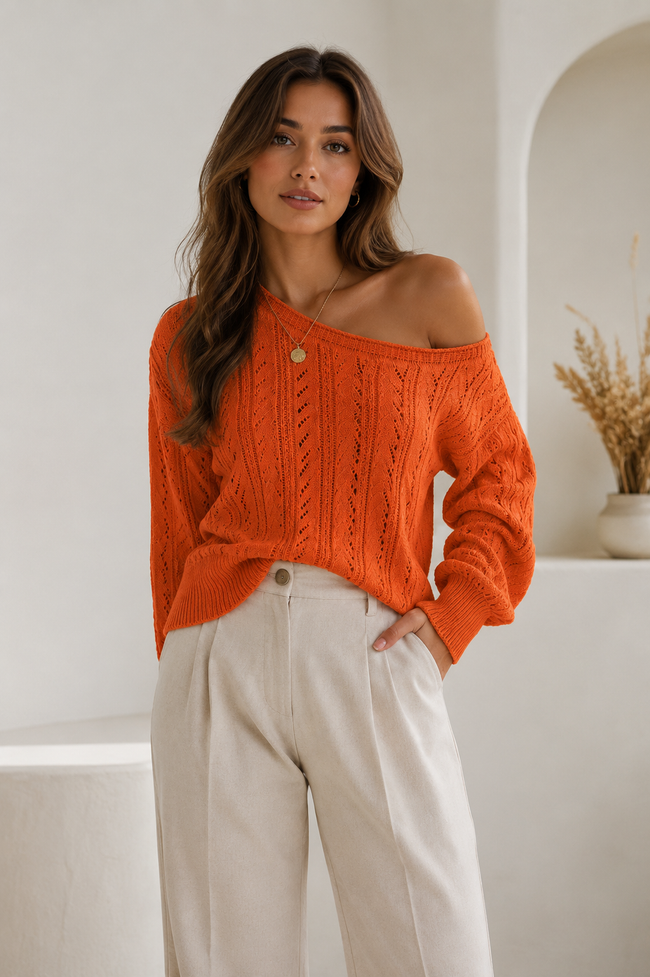 Knit Sweater Women Cotton Blend Off-Shoulder Cropped Pointelle