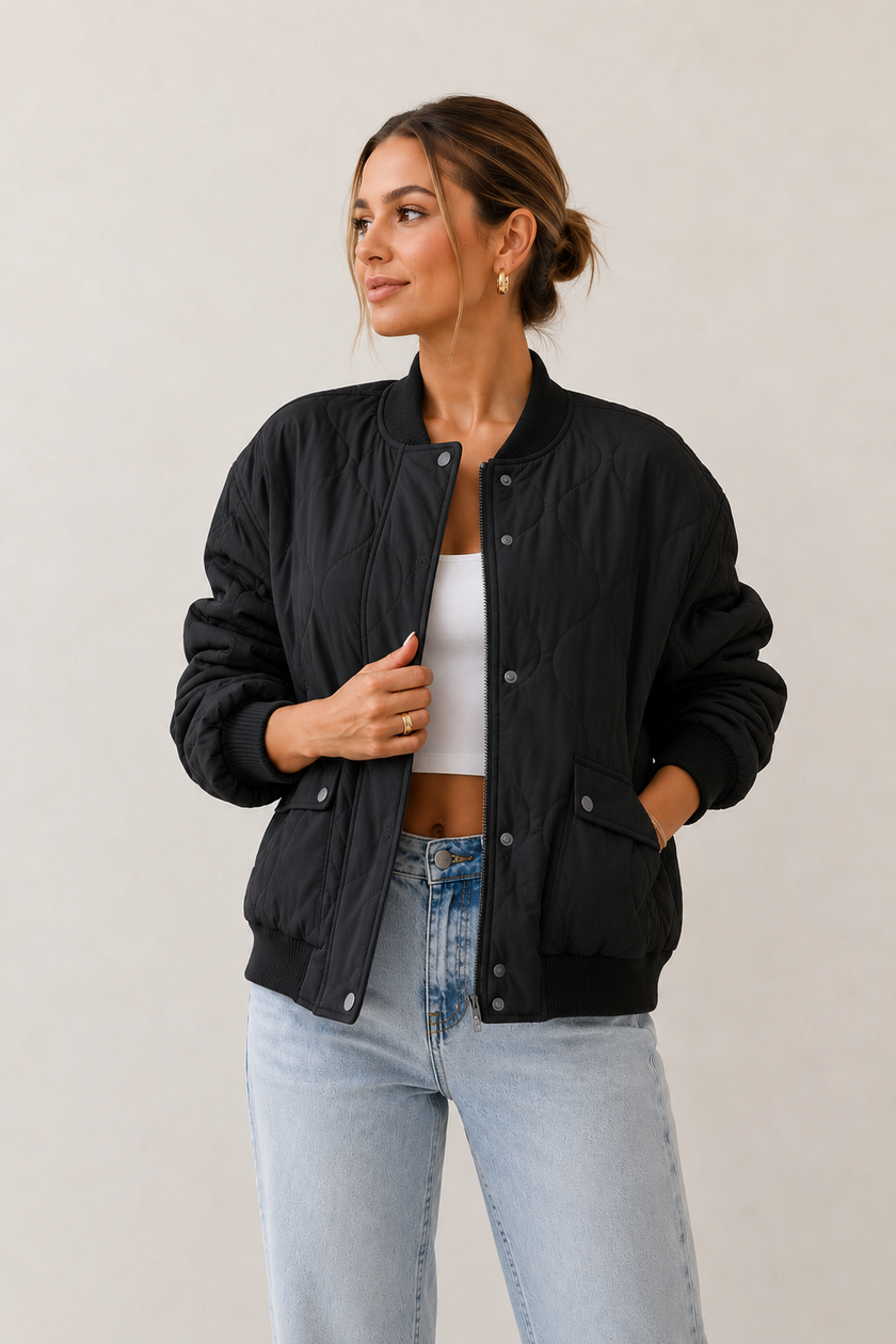 Padded Jacket Women Oversized Relaxed Fit with Snap Buttons