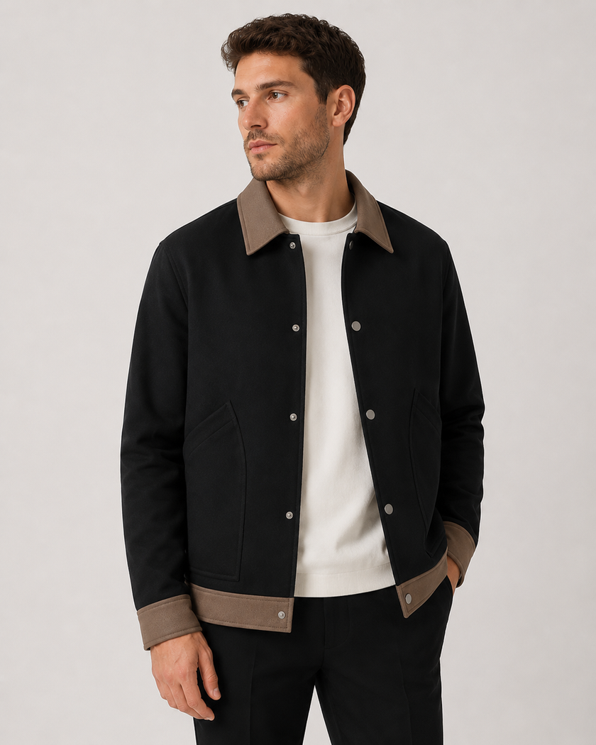 Snap Button Jacket Men Contrast Collar Regular Fit Hip Length