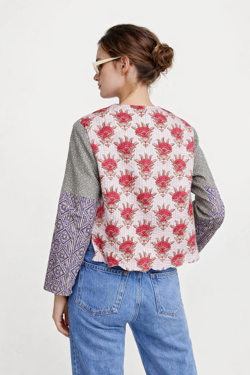 Patchwork Print Jacket Women Lightweight Cotton Relaxed Fit