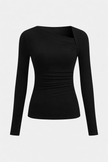 Ribbed Knit Top Women Asymmetric Neck Slim Fit Long Sleeve