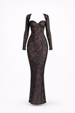 FJØRNA lace backless dress set for women with fishtail silhouette and mesh overlay, stylish evening wear with elegant details.