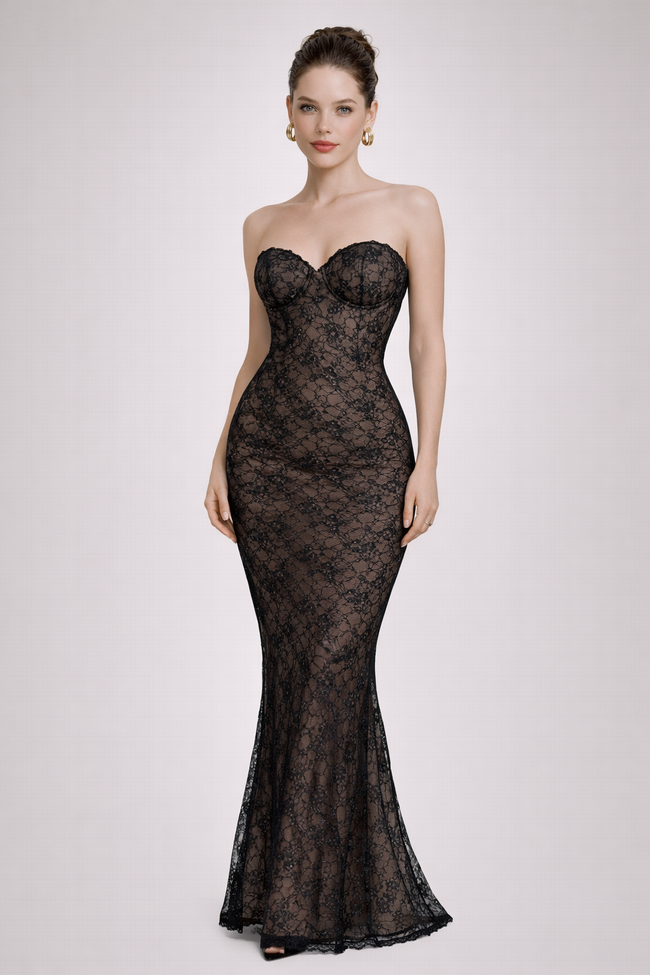 FJØRNA women’s lace backless dress set featuring a fishtail silhouette and mesh overlay, elegant and stylish evening wear.