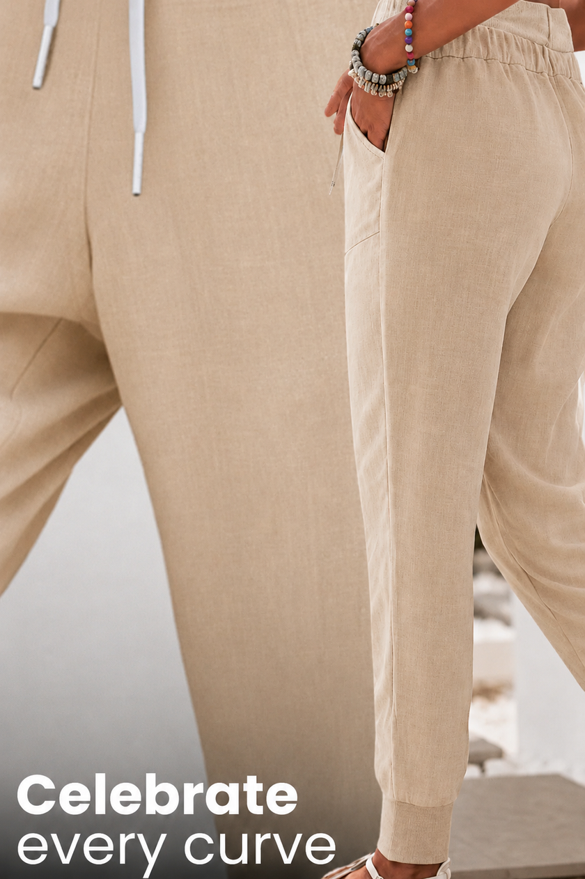 FJØRNA women's lightweight summer jogger pants with wide leg and tapered fit, casual trousers for warm weather.