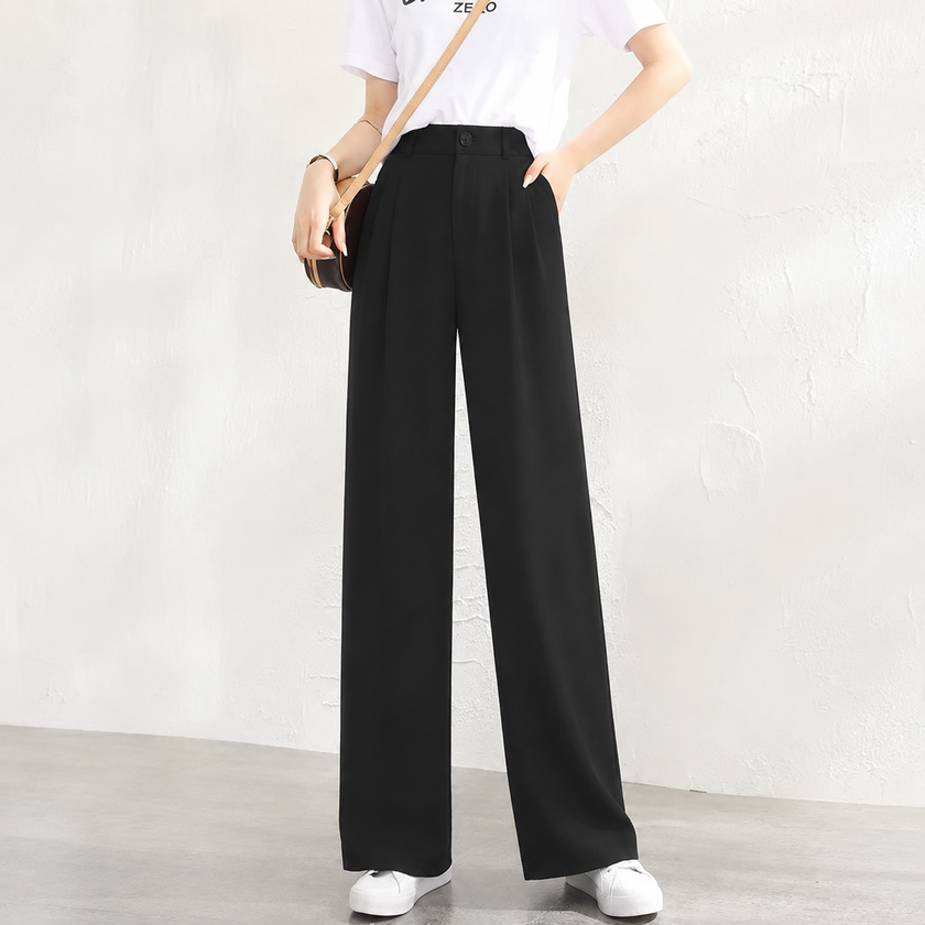 FJØRNA women's lightweight summer trousers with wide leg, high waist, and button front, perfect for warm-weather styling.
