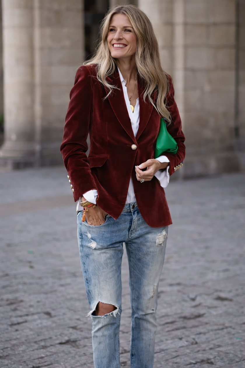 Velvet Blazer Slim Fit Single Button Peak Lapel Evening Jacket | Karin