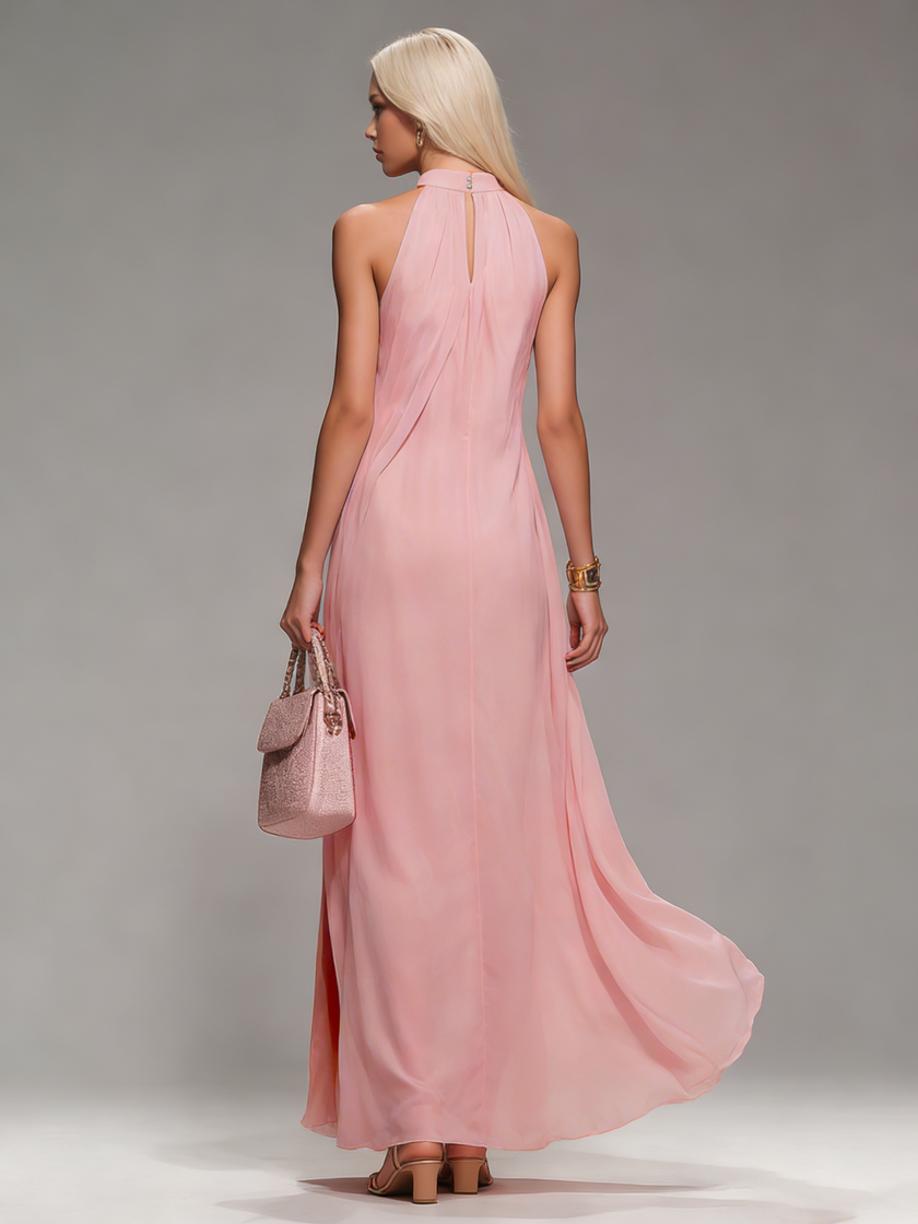 FJØRNA chiffon halter neck maxi dress in soft, flowing fabric, perfect for evening wear with a comfortable, elegant fit.