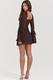 FJØRNA coffee ruched mini dress for women, stylish party and day wear, featuring a fitted, textured design with short sleeves.