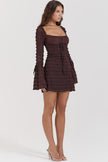 FJØRNA coffee ruched mini dress for women, stylish party and day dress with a fitted silhouette and ruched detailing.