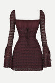 FJØRNA coffee ruched mini dress for women, stylish party and day wear, shown on a model with a fitted silhouette.