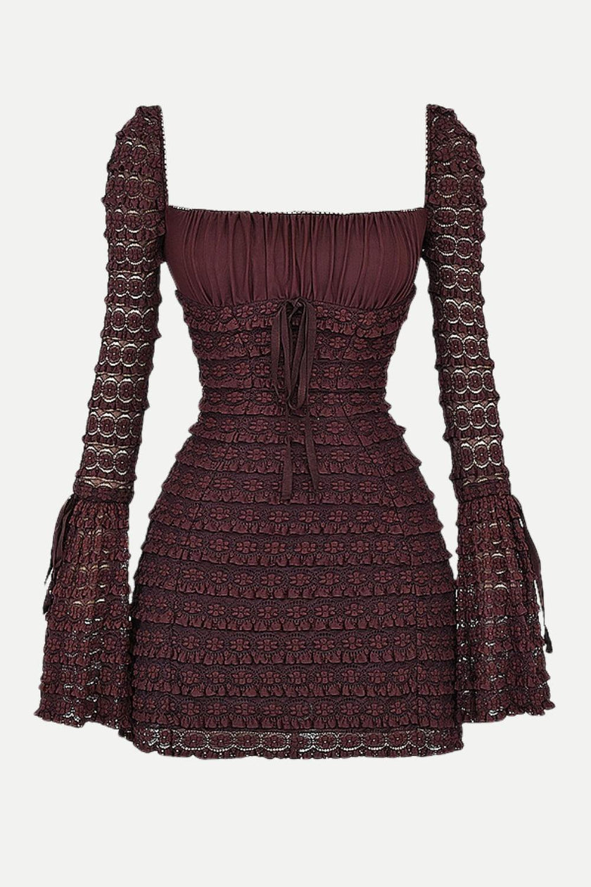 FJØRNA coffee ruched mini dress for women, stylish party and day wear, shown on a model with a fitted silhouette.