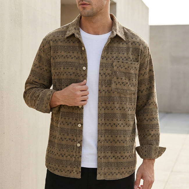 Men's FJØRNA geometric corduroy relaxed button-front shirt in coffee color, casual top with a geometric pattern and button closure.