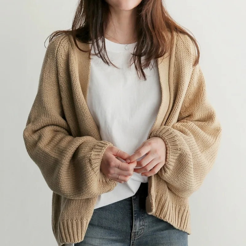 Balloon-Sleeve Cardigan Women, Soft Open-Front Knit Relaxed Fit